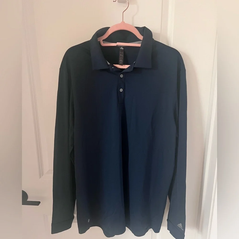 adidas Men's Dark Blue Long Sleeve Polo - Picture 1 of 7